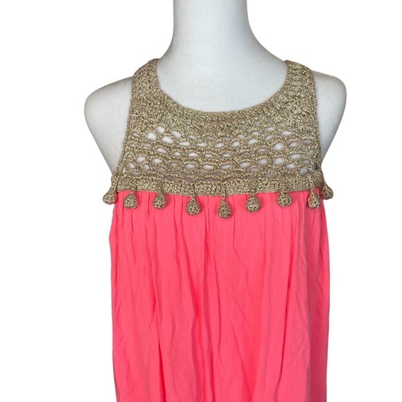 Lilly Pulitzer Neon Coral Pink Sun Ray Babydoll Dress Gold Crochet Party‎ Small - Picture 2 of 9